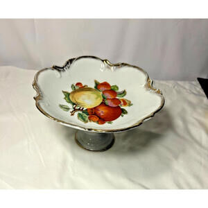 Vintage Japan Porcelain Pedestal Compote Dish Fruit Motif Gold Trim 7.5"